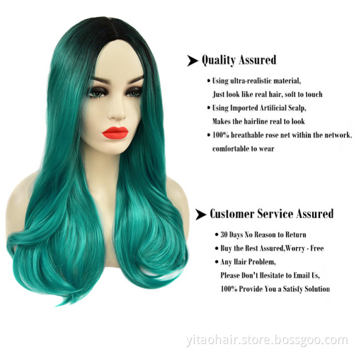 Synthetic Hair Wavy Wig Middle Part Ombre Long Curly Wigs for Women Fashion Green Mixed Blue Colored Cosplay Wig